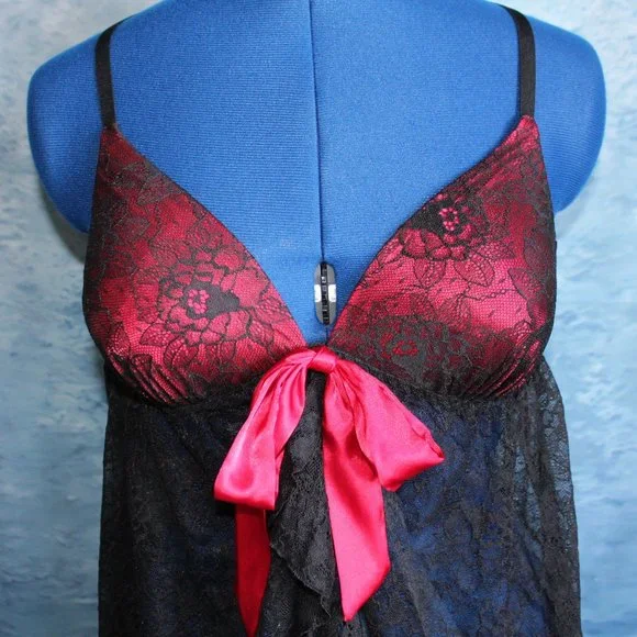 Apt. 9 Black Red Lace Crossed Back Babydoll Lingerie Size L - Picture 2 of 9